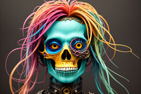 Dark fantasy design, painted human skull and lush bunch of flowers on colorful background, AI generatedの素材