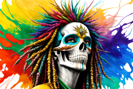 Painted human skull with colorful dreads, flowers and paint spashes, AI generatedの素材