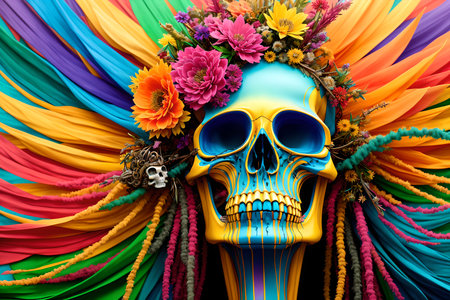 Dark fantasy design, painted human skull and lush bunch of flowers on colorful background, AI generatedの素材