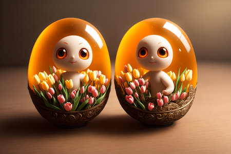 Two tiny adorable doll fugures in transparent eggs with tulips, easter decoration, AI generatedの写真素材
