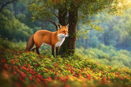A young cute red fox shot in a lush summer forest, AI generatedの素材