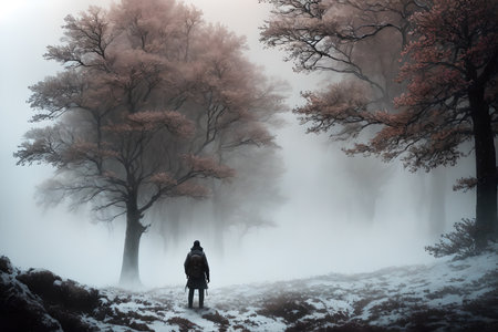 Beautiful frozen northern landscape with lonely person silhouette at sunset during bliszard, AI generatedの素材