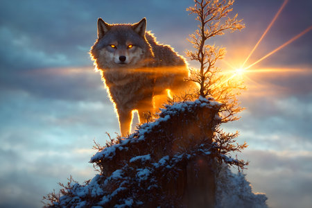 Beautiful winter landscape with giant wolf, warg Fenrir, AI generatedの素材