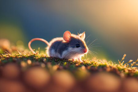 A small mouse is seen exploring the meadow as the sun sets, casting a warm glow on the idyllic scene. AI generatedの素材