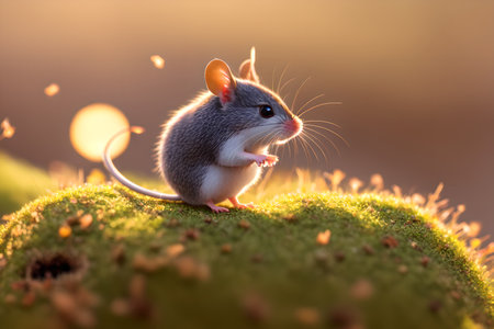 A delicate mouse is captured in the soft light of sunset, surrounded by the bright colors of the field. AI generatedの素材