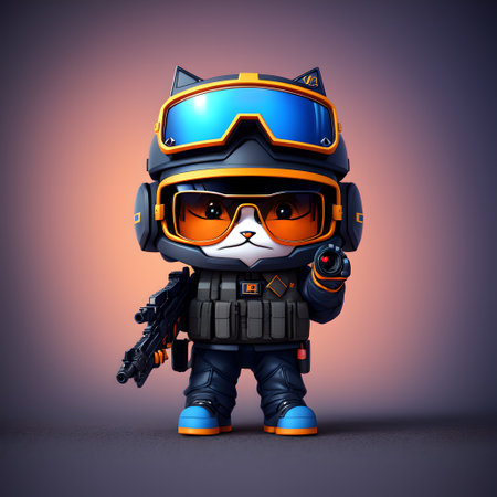 A mini feline action figure dressed in a special ops helmet, AI generatedの素材