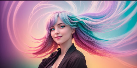 A chest portrait of a young beautiful european woman with bright splash of her long rainbow colored hair. AI generative imageの素材