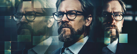 A portrait of thinkful businessman, glass reflections or double exposure, AI generative imageの素材