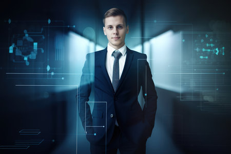 A businessman in a proud pose against a defocused thematic background, AI generative imageの素材