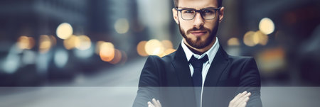 A businessman in a proud pose against a defocused thematic background, AI generative imageの素材