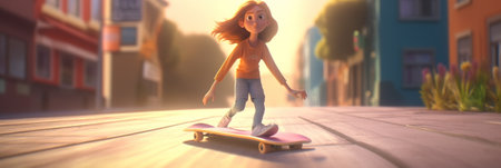 Cute small girl having fun in a city, riding a skateboard, AI generative imageの素材