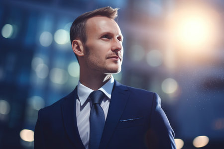 A businessman in a proud pose against a defocused thematic background, AI generative imageの素材