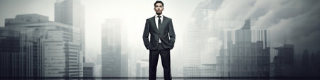 A businessman in a proud pose against a defocused thematic background, AI generative imageの素材