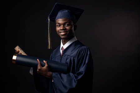 Proud and happy graduate in graduation cap and gown holdong a diploma, AI generative imageの写真素材