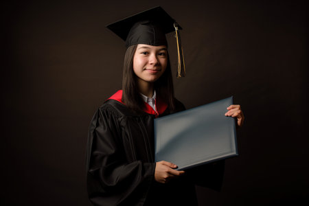Proud and happy graduate in graduation cap and gown holdong a diploma, AI generative imageの写真素材