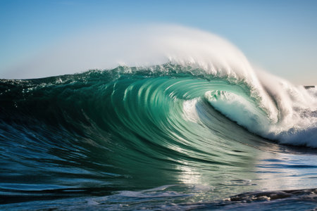 Huge curly transparent wave against sunset at golden hour, AI generative imageの素材