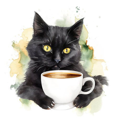 Black watercolor cat with cup of coffe, AI generative imageの素材
