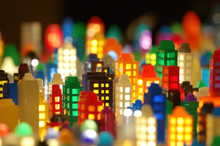 Tilt shift night cityscape made from children plastic blricks, shallow deep of field, selective focus, bokeh, AI generative imageの素材