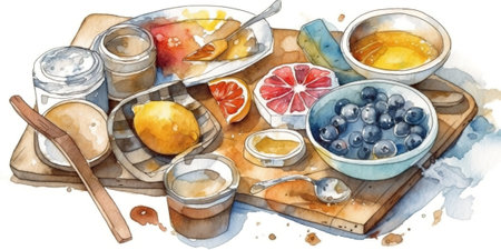 Breakfast concept, watercolor still life isolated at white background, AI generative imageの素材