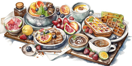 Breakfast concept, watercolor still life isolated at white background, AI generative imageの素材