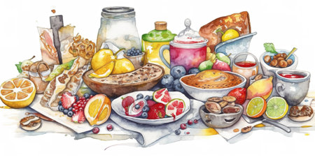 Breakfast concept, watercolor still life isolated at white background, AI generative imageの素材
