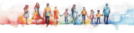 Rainbow row of young adult people with children holding hands of their neighbors, concept of friendship and family, watecolor illustration isolated on white, AI generative imageの素材