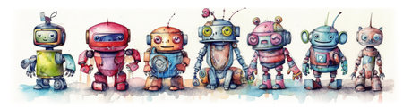 Rainbow row of small cute robots-children, concept watecolor banner illustration isolated on white, AI generative imageの素材