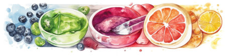 Rainbow row of vegetarian food, concept watecolor banner illustration isolated on white, AI generative imageの素材