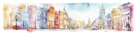 City view of historic part of typical european town, concept watercolor banner illustration isolated on white, AI generative imageの素材