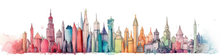 Old historic town cityscape, concept watecolor banner illustration isolated on white, AI generative imageの素材
