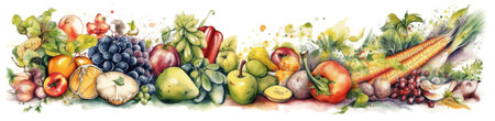 healthy food, fruits and vegetables, watecolor banner illustration isolated on white, AI generative imageの素材