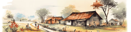 rural area house and around, watecolor banner illustration isolated on white, AI generative imageの素材