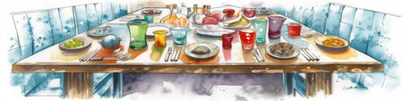 fourchet eat out piknik table, watecolor banner illustration isolated on white, AI generative imageの素材