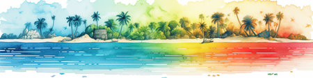 Paradise tropical islands, concept watecolor banner illustration isolated on white, AI generative imageの素材