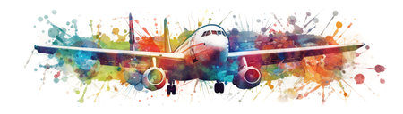 flying aircraft, concept watecolor banner illustration isolated on white, AI generative imageの素材