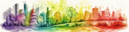 Cityscape, city park, concept watecolor banner illustration isolated on white, AI generative imageの素材