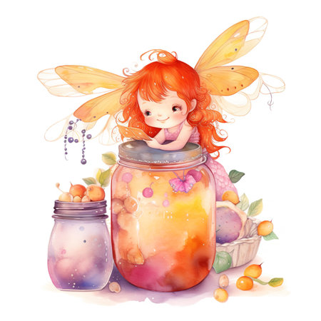 A cute winged fairy and jar of sweet sunny peach jam, fantasy watercolor style illustration, AI generative imageの素材