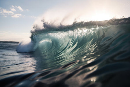 Huge curly transparent wave against sunset at golden hour, AI generative imageの素材