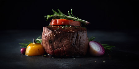 Just cooked fillet mignon steak with vegetable garnish, at dark background, AI generative imageの素材