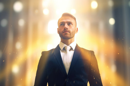 A businessman in a proud pose against a defocused thematic background, AI generative imageの素材