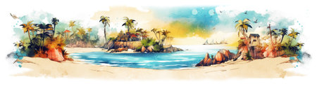 tropical beach and islands concept, watecolor banner illustration isolated on white, AI generative imageの素材