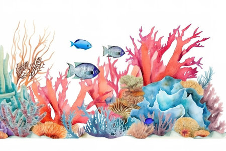 Underwater scene, watecolor banner illustration isolated on white, AI generative imageの素材