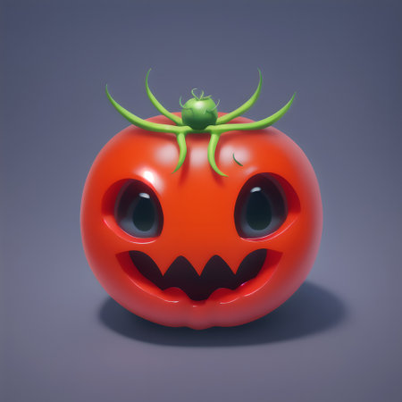 This spooky tomato resembles a Halloween pumpkin with eyes and teeth. AI generatedの素材