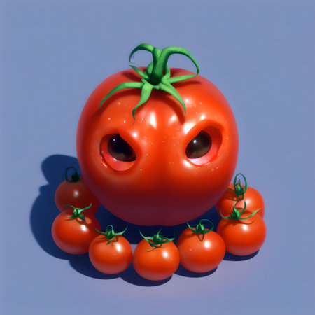 This spooky tomato resembles a Halloween pumpkin with eyes and teeth. AI generatedの素材