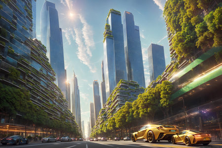 Splendid view of futuristic vertical gardens ecology concept, the green plants at balcony of skyscrapers. AI generatedの素材