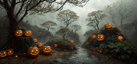 A group of pumpkins and strange looking objects in the middle of a forest filled with lots of jack-o-lantern pumpkins, cosmic horror, fantasy art. Neon glowings in style of synthwave. AI generatedの素材