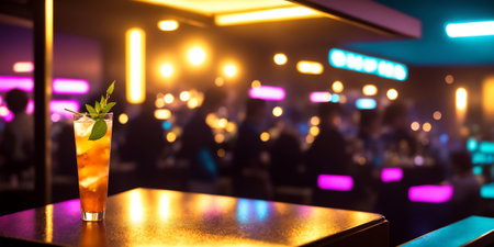 Alcoholic cocktails long drink resting on a bar counter, defocused background of beach cafe, unrecognizable people. AI generatedの素材