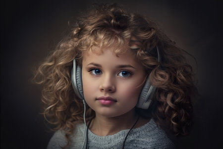 Cute small girl with curly hair listening to music using headphones, AI generative imageの素材
