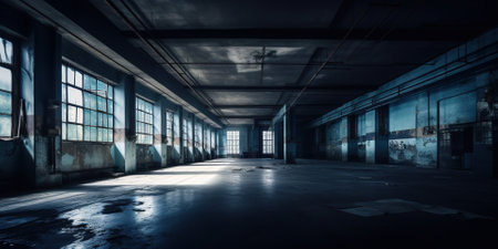 Interior of empty abandoned industrial or storage building or parking with tracks of vandalism, AI generative imageの素材