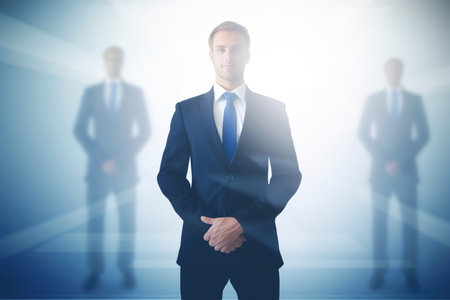 A businessman in a proud pose against a defocused thematic background, AI generative imageの素材